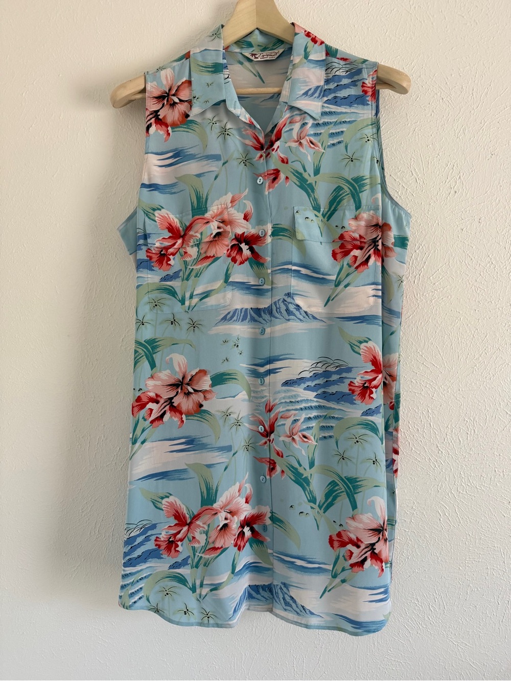 Vintage Equipment Silk Sleeveless Light Blue Hawaiian Floral Button-Front Dress